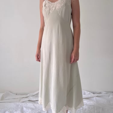 Handmade 1930's Pale Green Silk Chiffon Spaghetti Strap Slip with White Lace