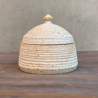 Ceramic Salt Cellar with Lid -- Unglazed Carved Ribbed "Sand" 