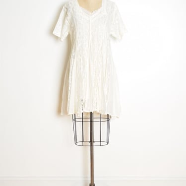 vintage 90s dress ivory lace sheer angel babydoll grunge full mini dress M L clothing 