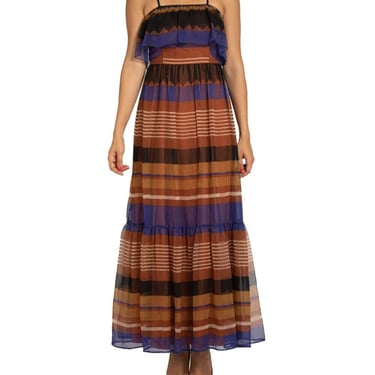 1970S Blue & Brown Polyester Chiffon Geometric Print Dress 
