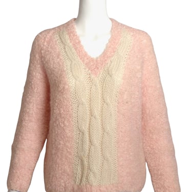 1960s Pink & Ivory Wool Knit Sweater, Size 10