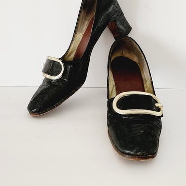 60s Black Leather Mod Pumps Silver Buckle Chunky Heel Size 7 