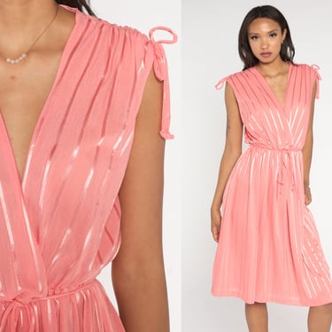 Pink Sun Dress 70s Disco Dress Grecian Party Midi Shiny Striped Wrap Sundress Deep V Neck High Waisted Sleeveless Vintage 1970s Medium 