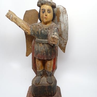 Early 1900 Polychrome Santos Archangel with Tin Wings, Antique Hand Carved Saint Michael, Vintage Primitive Religious Church 