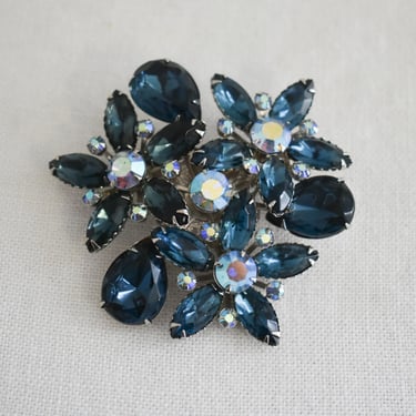 Vintage Blue Floral Rhinestone Brooch 