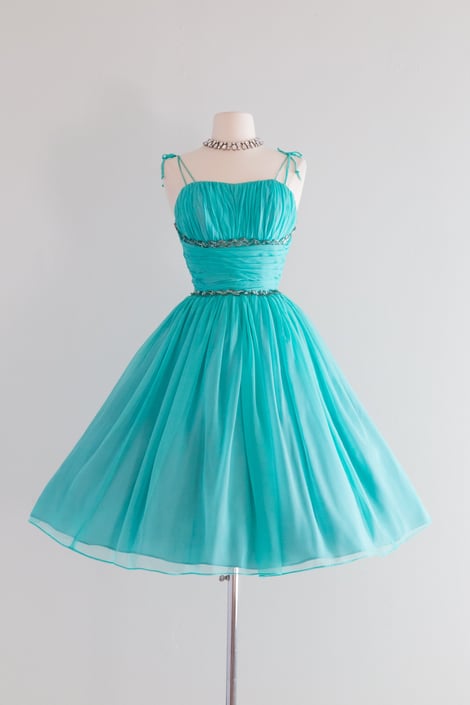 1950's Aqua Chiffon Dream Dress by Emma Domb / Waist 26&quot;