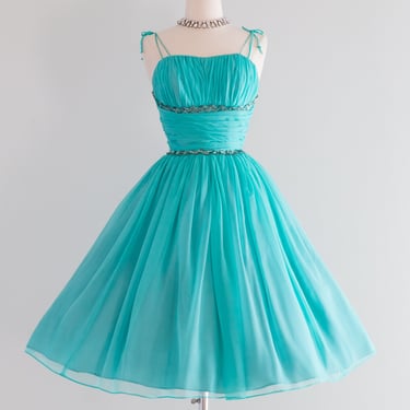 1950's Aqua Chiffon Dream Dress by Emma Domb / Waist 26&quot;