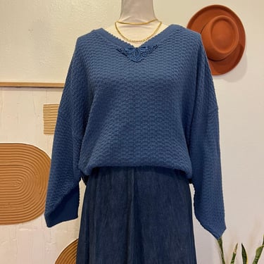 Vintage 90s Blue Soft Knit Lace Embellished USA Made Pullover Sweater 3XL 