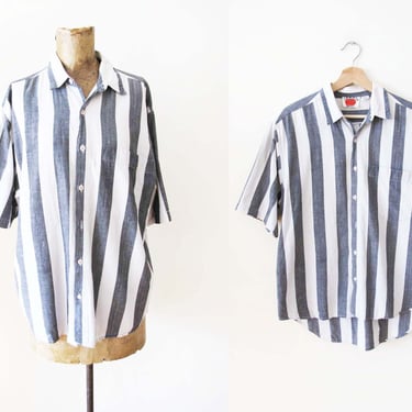 Vintage Gray White Wide Stripe Button Up M - 1980s Short Sleeve Collared Cotton Top 