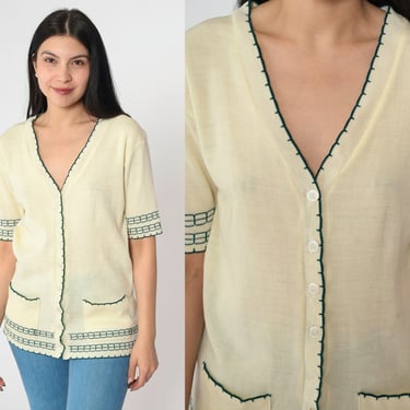 70s Cream Knit Top Short Sleeve Cardigan Shirt Button Up Sweater Retro Ringer Top Basic Blouse V Neck Knitwear Pocket Vintage 1970s Medium 