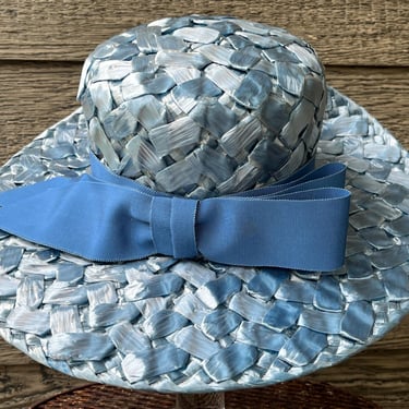 vintage blue sun hat 1960s straw wide brim big bow chapeau new old stock 