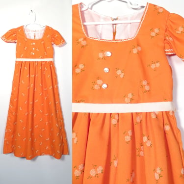 Vintage 70s Girls Boho Prairie Rose Print Neon Orange Maxi Dress Size 8 