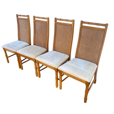 Faux Bamboo Dining Chairs Set of 4 by Broyhill - Vintage Wood Rattan Cane Hollywood Regency Coastal Furniture 