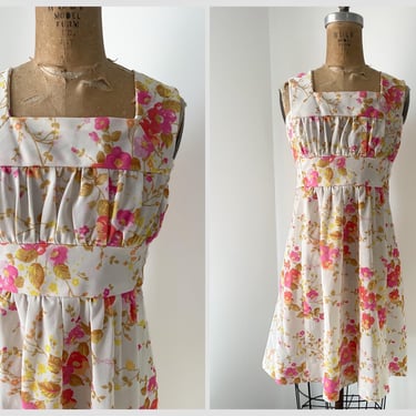 Vintage 1960’s ‘70s mod mini dress | Spring floral print sleeveless dress, neon pink, juniors XXS 