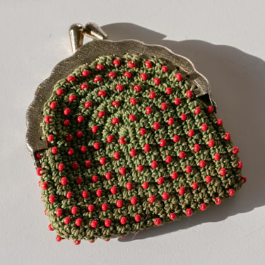 1940s Small Pouch Bag Beaded Crochet Coin Purse 