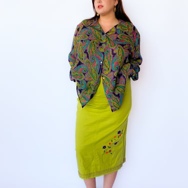 1990s Sheer Green Paisley Button Down Top, sz. 4XL