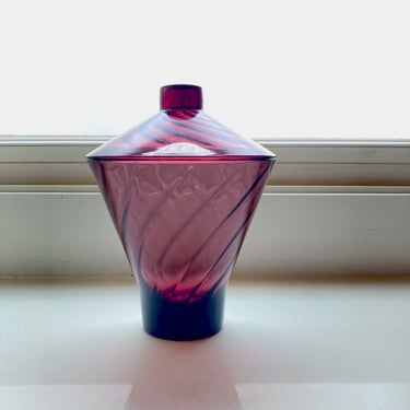 Hazel Atlas Purple Amethyst Glass Candy Dish w/ Lid, Apothecary Jar, Moroccan Line, Round Swirl Optic Glass, Vintage MCM Retro Glassware 