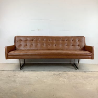 Mid-Century Tufted Brown Vinyl Sofa 