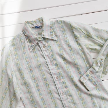 cute cottagecore blouse | 60s 70s vintage white pastel sky blue pink green floral striped cotton long sleeve shirt 
