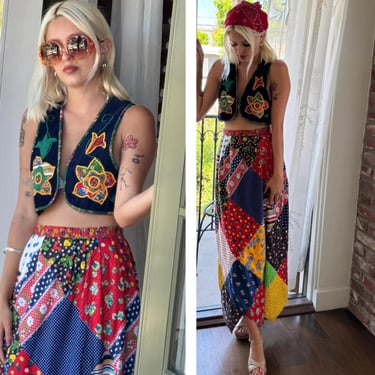 70s Patchwork Boho Cottage Core Maxi Skirt & Vest Set Suit reversible  S M 