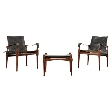 Pair of Hayat Bros. Leather Campaign Safari Chairs &amp; Ottoman