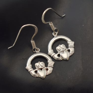 Dainty 70's claddagh 925 silver dangles, Celtic Irish sterling hands & heart earrings 