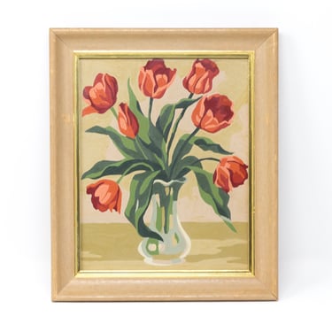 Original Vintage Oil Painting of Tulips, Paint By Number Artwork 