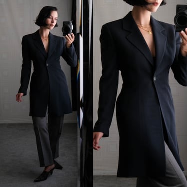 GIORGIO ARMANI Dark Slate Gray Longline Single Button Swing Blazer | Made in Italy | 100% Wool | 1990s Emporio Armani Designer Womens Jacket 