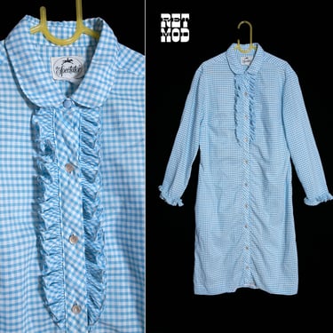 Adorable 60s 70s Light Blue & White Gingham Shirt Dress with Ruffles 