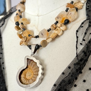 FABULOUS Statement Necklace, Natural Stone, Quartz, Fossil, Nautilus Sea Shell, Sterling Silver Setting, Artisan Made Jewelry 