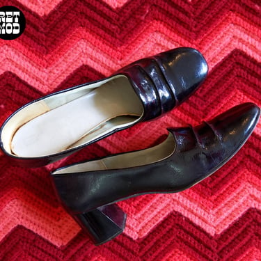 Mod Vintage 60s 70s Black Loafer Heels Shoes 