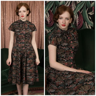 1950s Dress - Crisp Vintage 50s Metallic Printed Dress with Chinese Garden Scene on Jet Black Cotton 