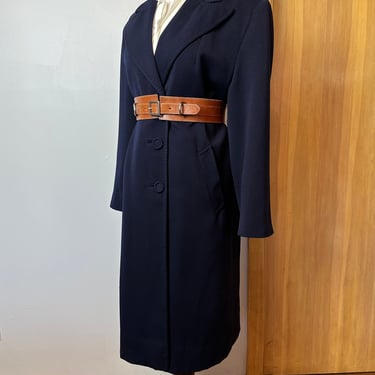 Vintage 1940’s coat~ Navy blue wingtip collar topstitching Long women’s fall/winter overcoat size M/L 