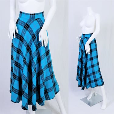 1980's Turquoise Flannel Long Plaid Grunge Skirt I Bias Cut I Sz Med I Snazz 