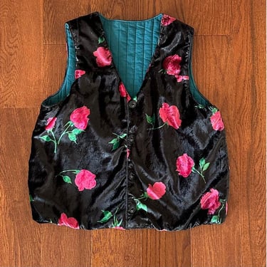 Vintage Vest | 90s Vest | Velvet Floral Rose Print Vest | Vintage Quilted Vest | Boho Vest 