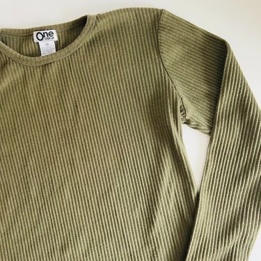 Vintage 90s Olive Green Ribbed Long Sleeve Top Shirt 