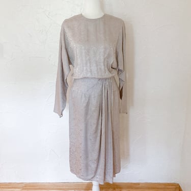 80s Gray Embossed Silk Swirled Pattern Drop Waist Faux Wrap Dress | Small/Medium 