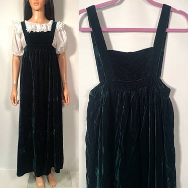 Vintage 70s Green Velvet Pinafore Maxi Dress Size S 