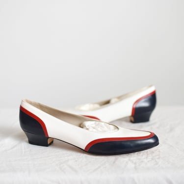 As Is 1980s Salvatore Ferragamo White Red and Blue Leather Flats - 8 