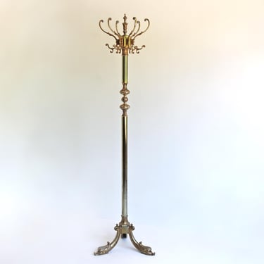 Hollywood Regency 60s Ornate Hall Tree | Aged Patina Coat Rack | Vintage Italian Style Silver Gold Floor Stand 