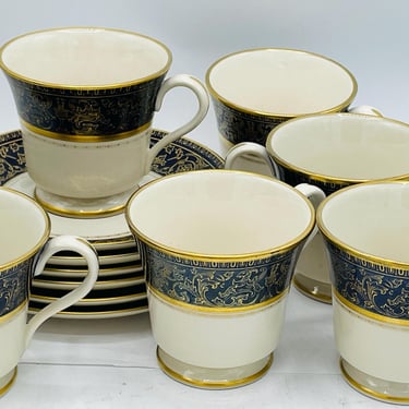 Vintage (12) PC Gorham Lorenzo De Medici (Cobalt with Gold) Footed Cup & Saucer Set 3