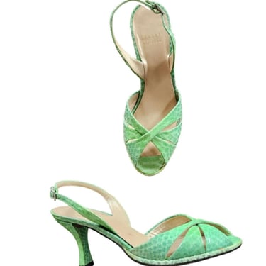 Vintage Stuart Weitzman Shoes Green Slingbacks Faux Snake Size 5W 