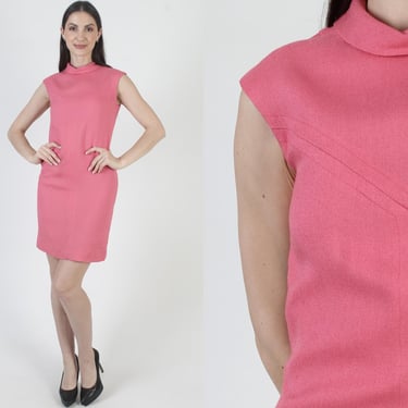 Plain Pink 60s Dress, Monochrome Pencil Mini, Short Skinny Skirt, Vintage Secretary Uniform 