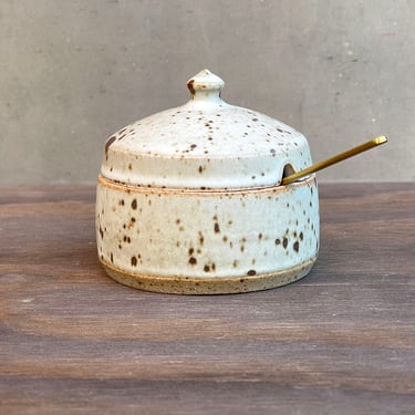 Ceramic Salt Cellar with Lid and Spoon Opening- Matte White Speckled 