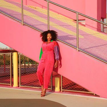 80s Hot Pink Colorful Velour Jumpsuit Vintage Color Block Zipper Relaxed Bright Jumpsuit 