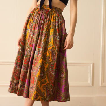 1970s Yves Saint Laurent Paisley Polished Cotton Skirt 