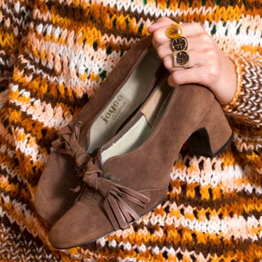 Fall Chic Vintage 60s 70s Brown Suede Heeled Loafers Shoes 