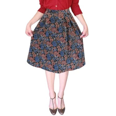 Vintage 70s Corduroy Skirt Floral Print Brown Blue 
