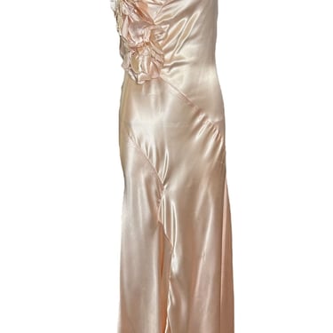 1930s Delicate Blush Satin Bias-Cut Gown with Floral Accent