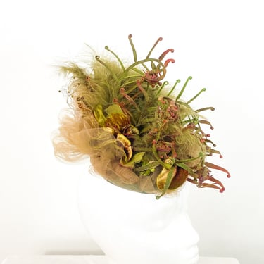 1990s Ferns & Leaves Woodland Fascinator | 90s Brown Green Artistic Fascinator | Gena Conti 